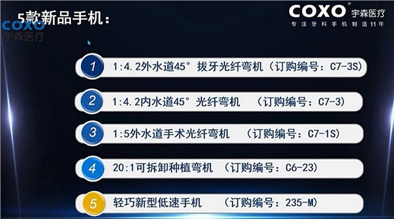 宇森牙科手機新品推介會，無菌拔牙手機、1:4.2增速反角光纖手機c7-3s。 科貿(mào)嘉友熱線17791999852